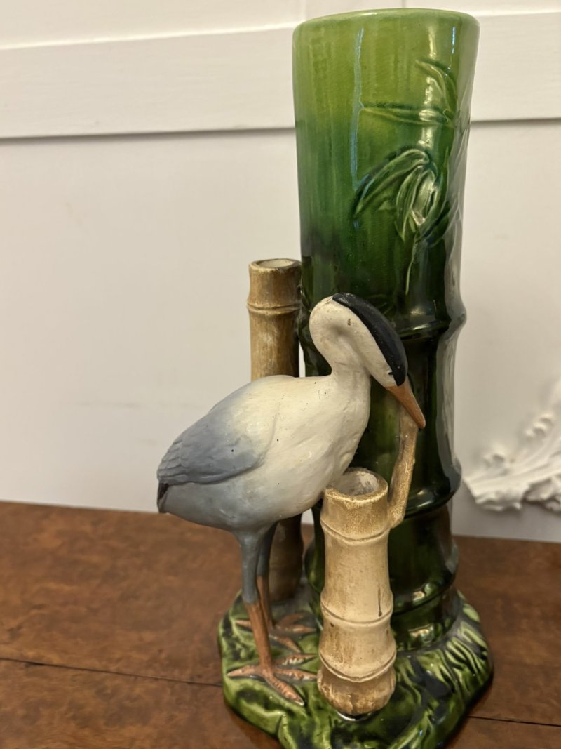 Antique Pair of Victorian Bretby Art Pottery Bamboo and Stork Vases - Image 9